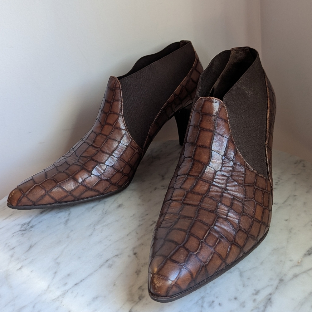 Prevata Italian Leather Brown Crocodile Heeled Boots Size 8.5